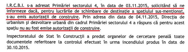 Inspectoratul de Stat în Construcții spune că a verificat legalitatea transformării clădirii în sală de concerte la patru zile după incendiu. 